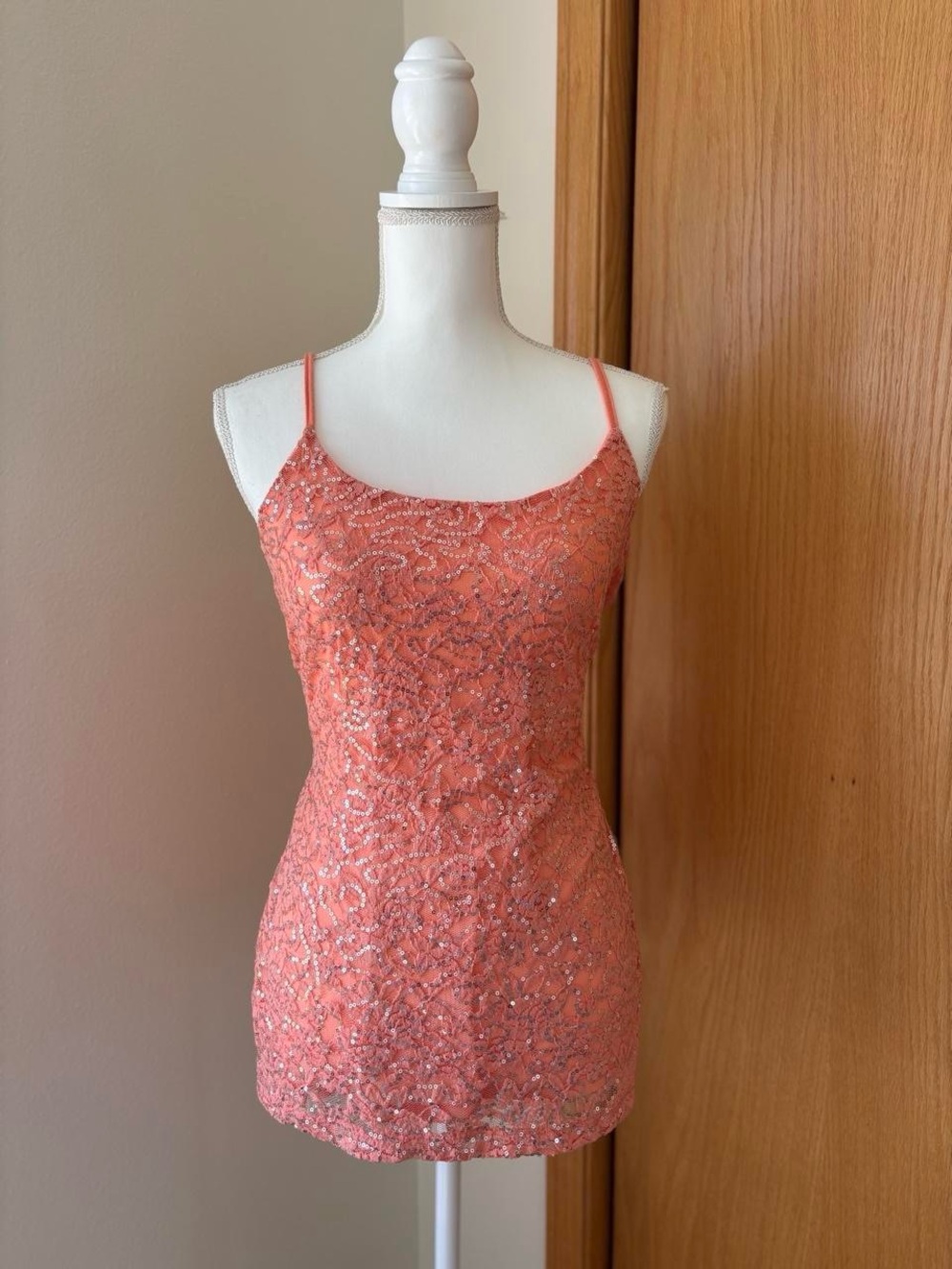 Y2K Vanity Coral Sequin Lace Spaghetti Strap Tank Top
